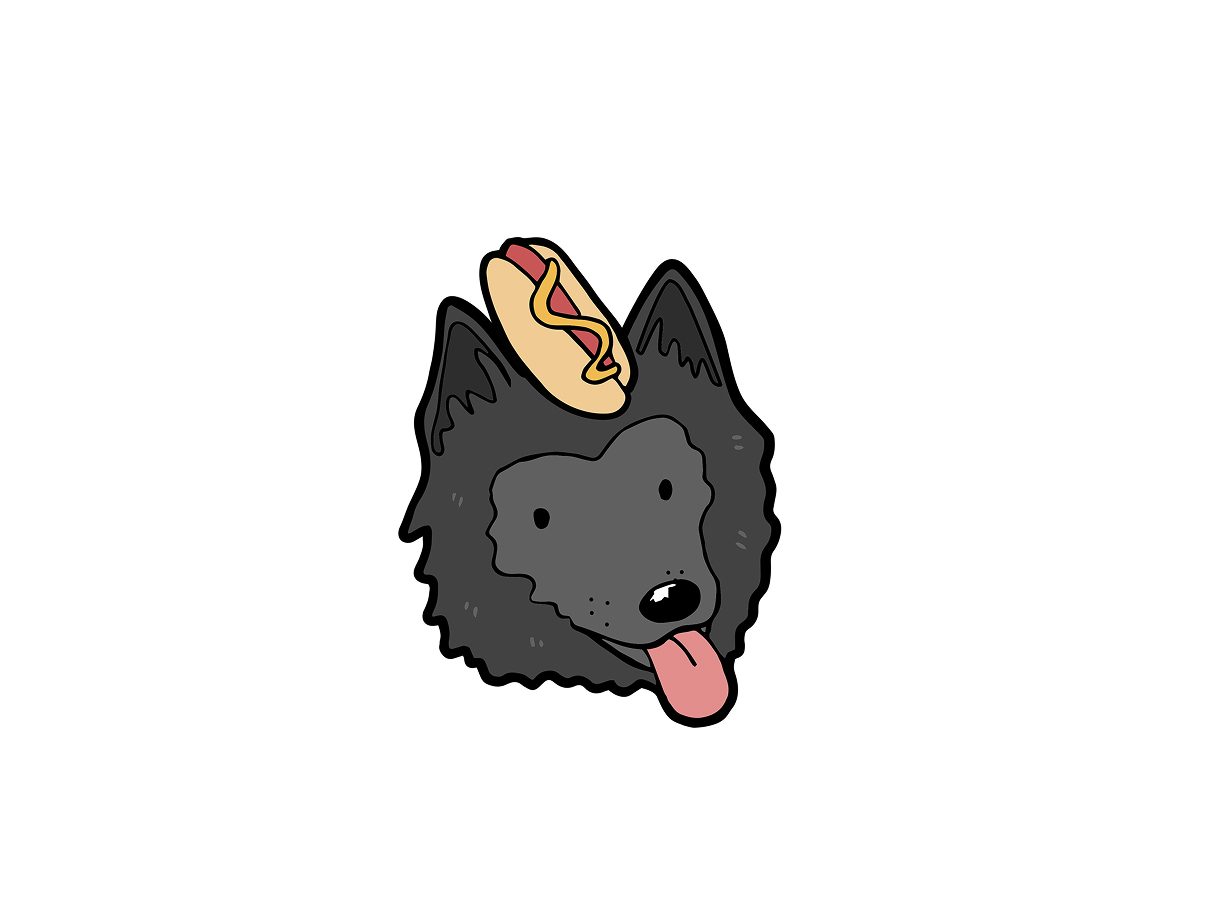 Pin artwork: a black shepherd balancing a mustard-striped hot dog on its head