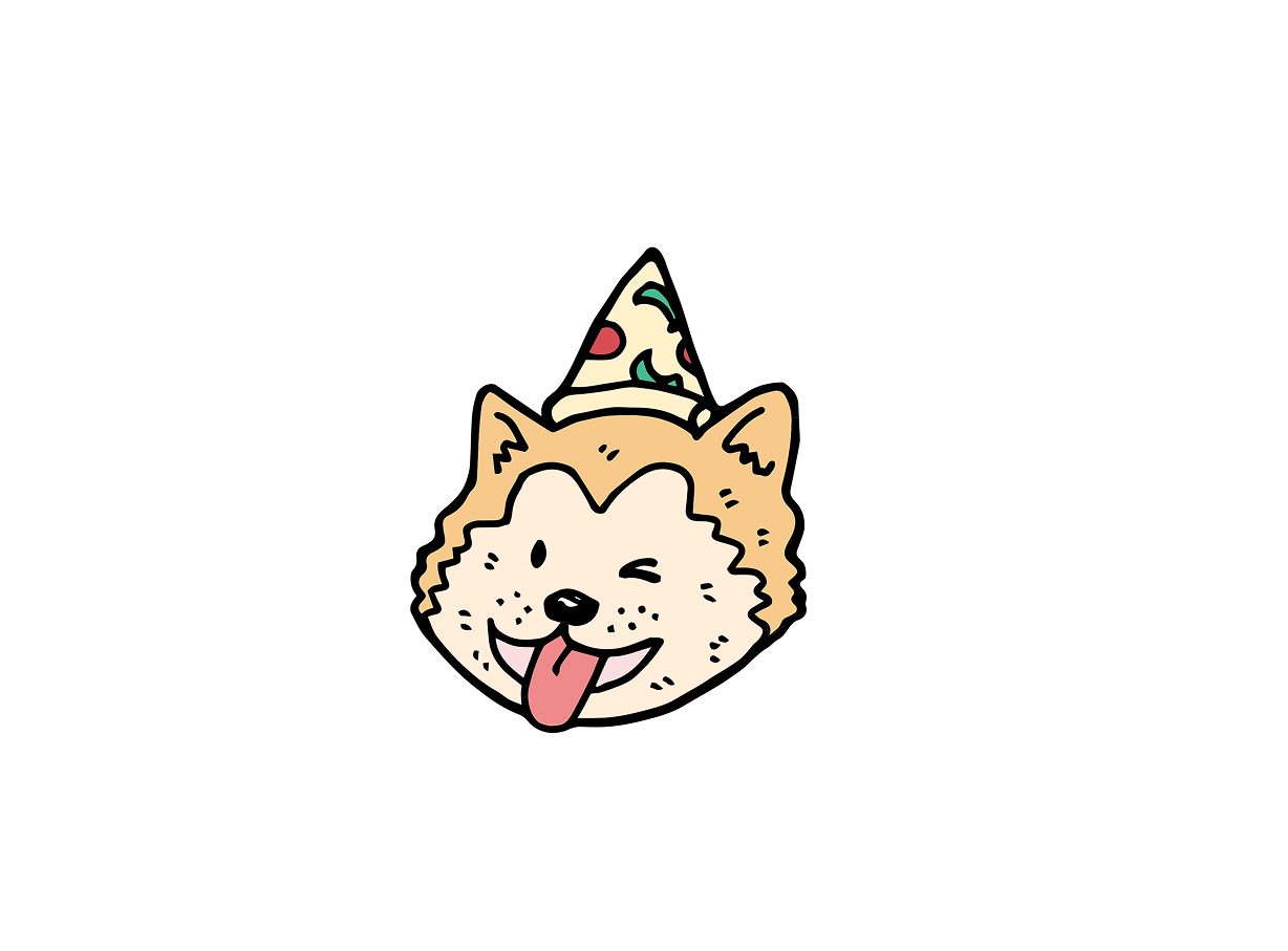 Pin artwork: a shiba in a party hat, one eye winked shut, tongue out