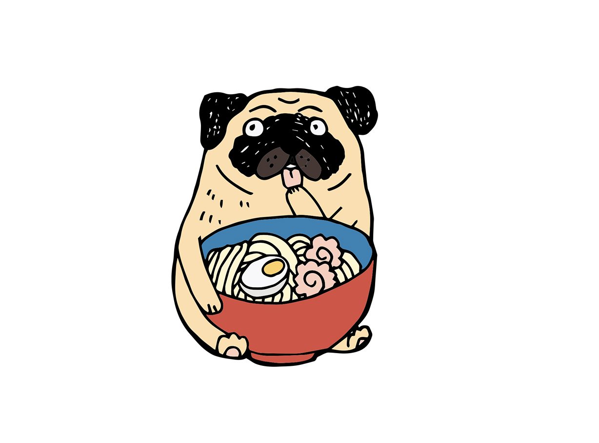 Pin artwork: a pug holding a red bowl of ramen with a soft egg and a slice of fish cake