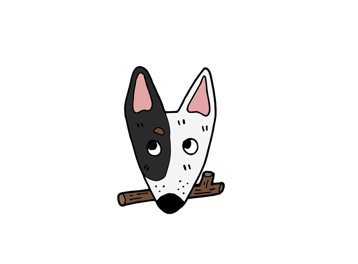 Pin artwork: a bull terrier with a black-and-white split face, a stick lying behind it