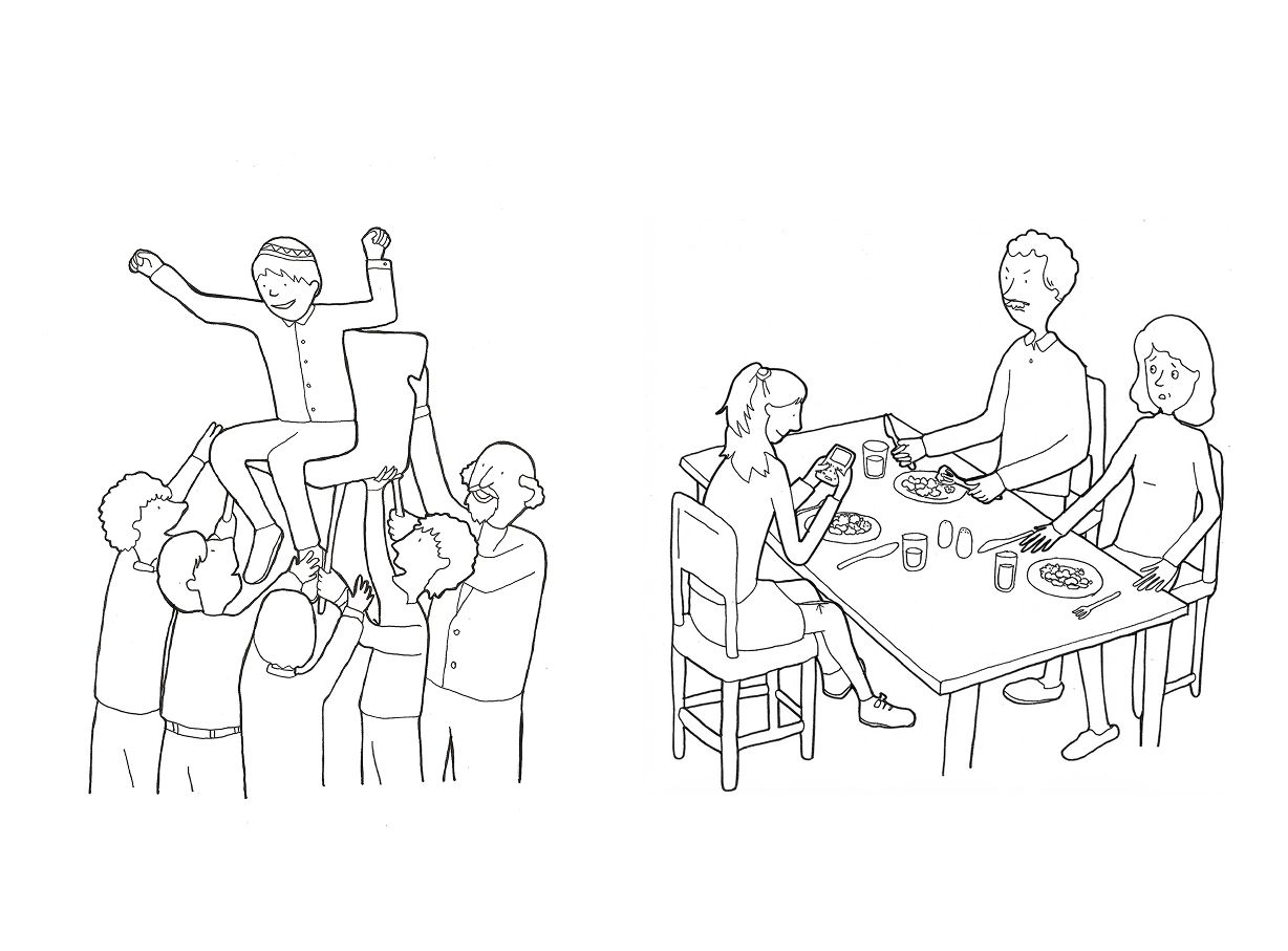 Line drawings of a child lifted overhead by friends, and a family eating at a table