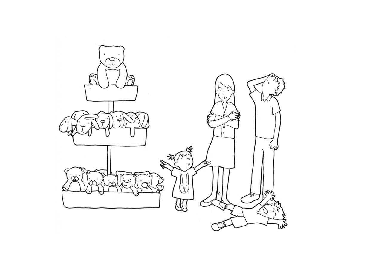 Line drawing of a family at a display of teddy bears, one child sprawled on the floor
